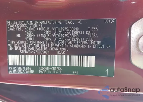 2007 Toyota Tundra Sr5 5.7L V8 z USA, uszkodzony, nr VIN 5TFBV54127X005891